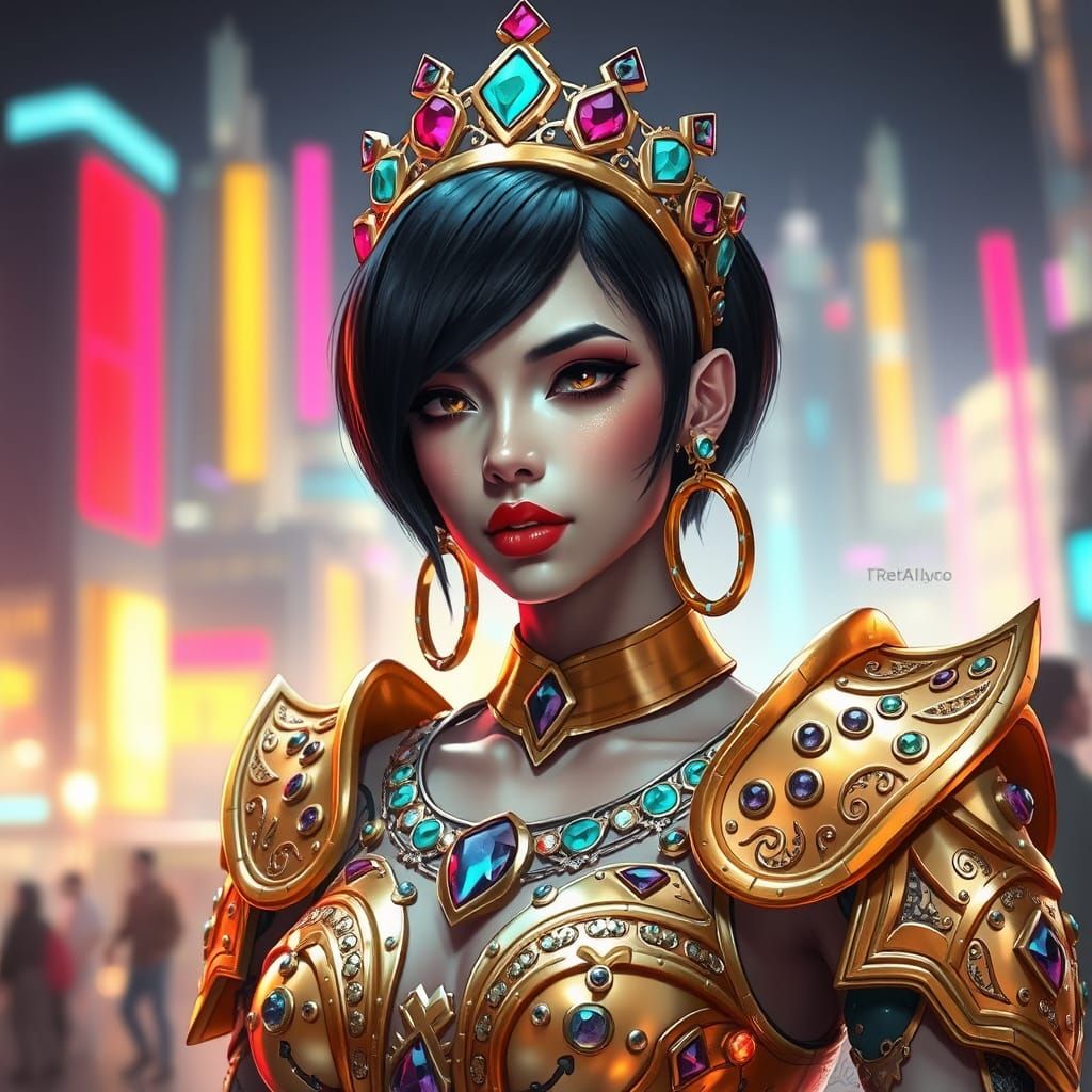Cyberpunk Warrior Queen in Ornate Gold Armor