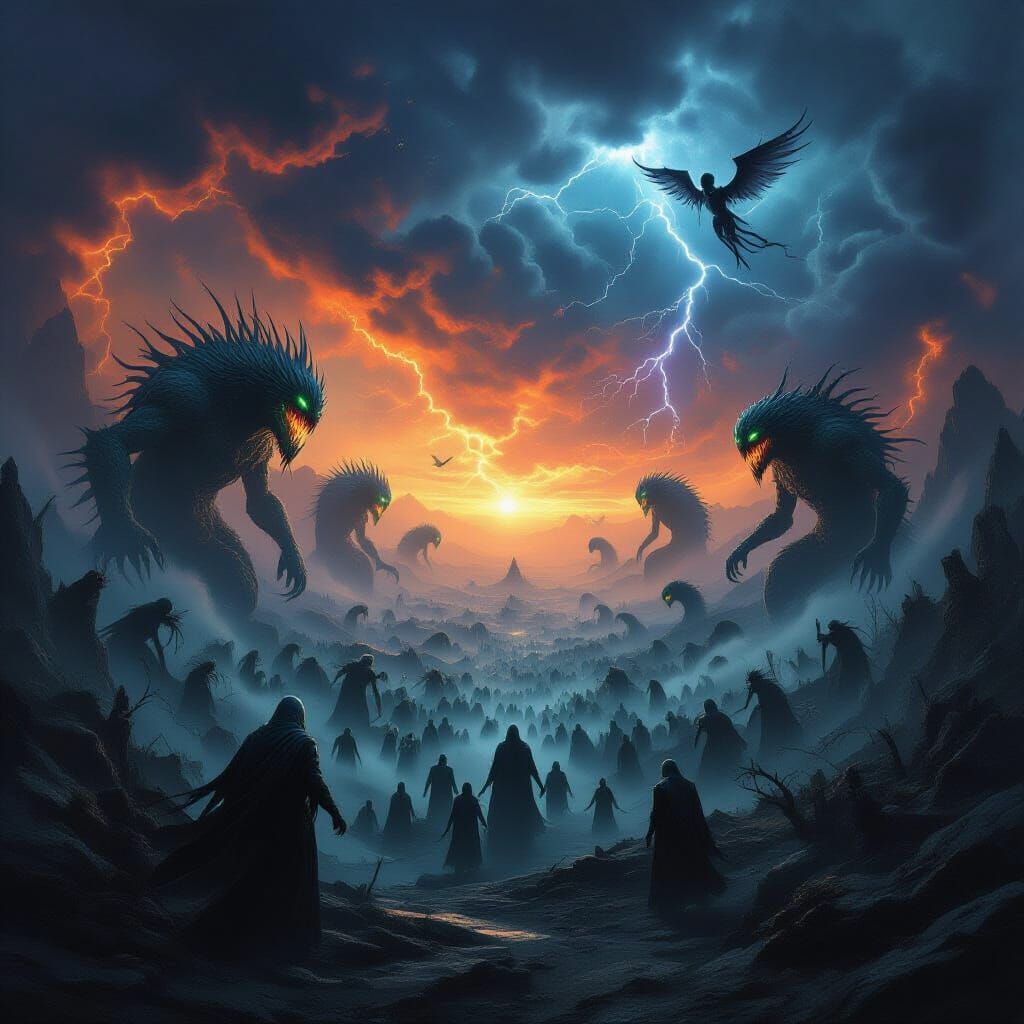 Nightmarish Landscape with Monsters and Storms
