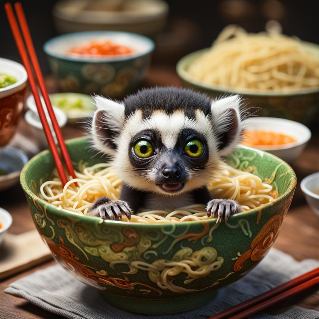 Baby Lemur in a Ramen Bowl
