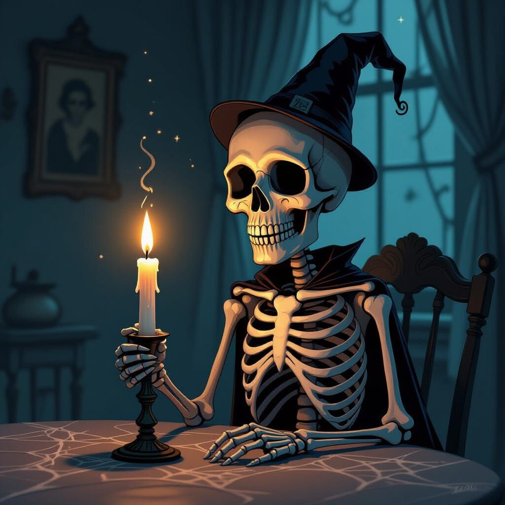 Skeleton Birthday Guest in Eerie Dark Fantasy Style