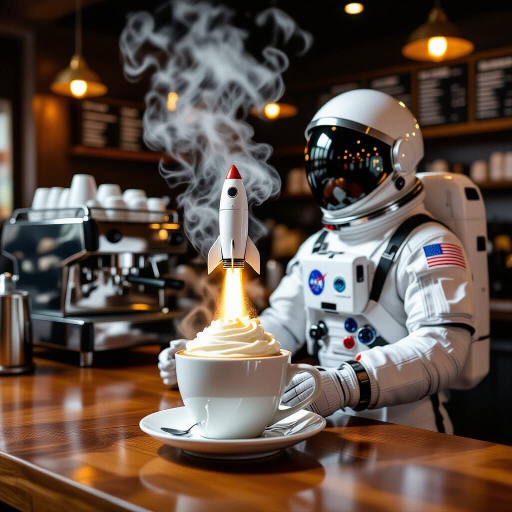 Astronaut Barista Creates Rocket Latte Art