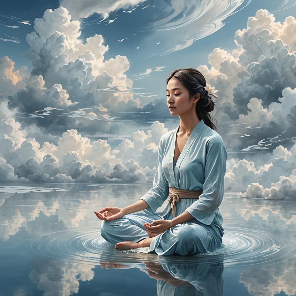Harmonious Woman in Lotus Position Amidst Clouds