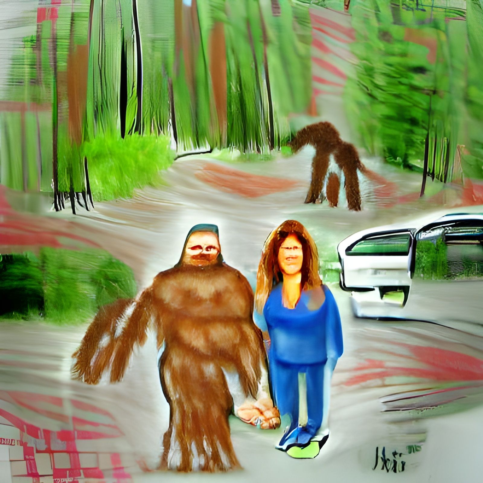 Humorous Bigfoot and Wife in Bad AI Art Style