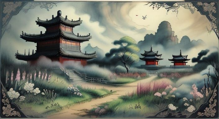 Whimsical, Enchanted Garden Scene in a Vintage Style