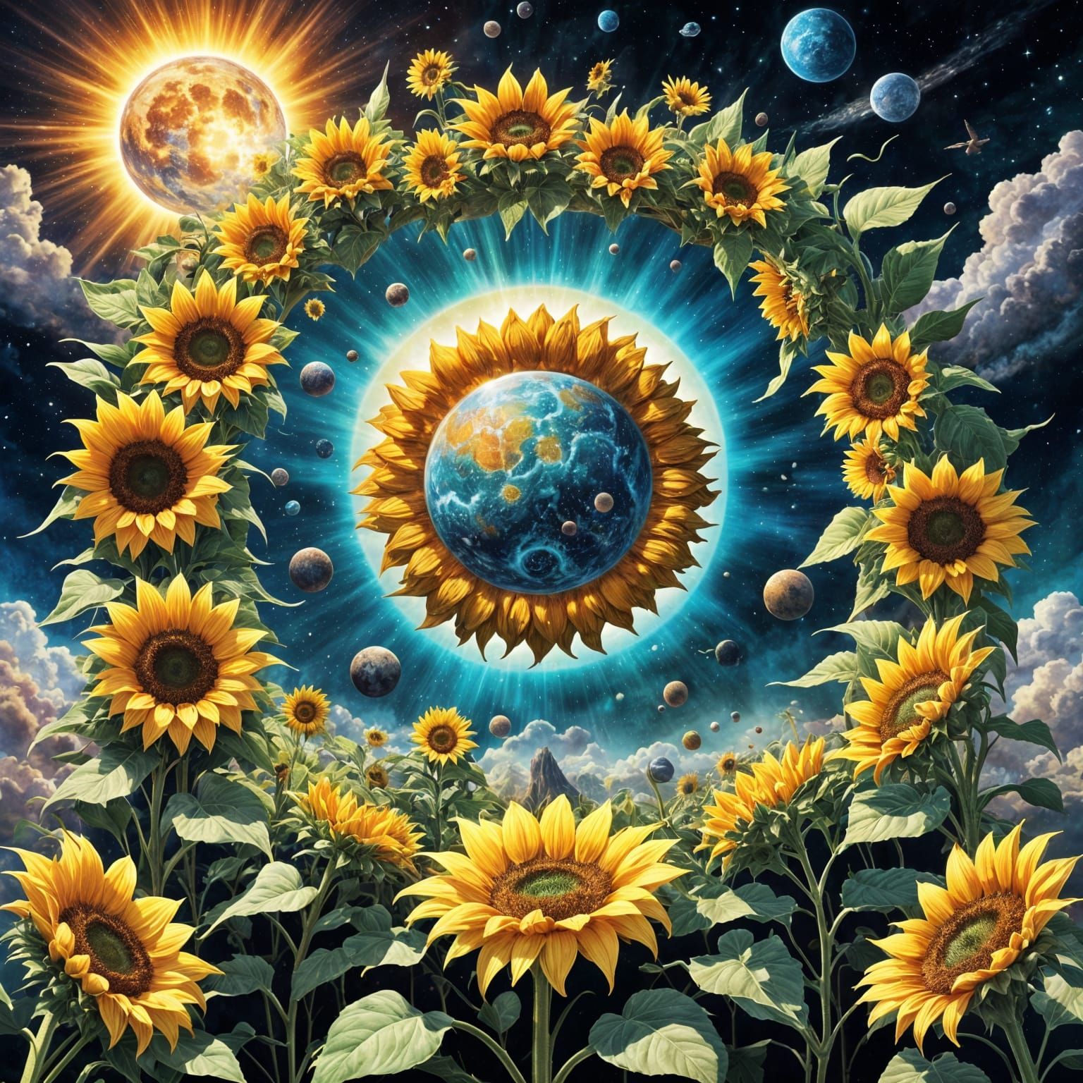 Mystical Sunflower Portal with Celestial Sun