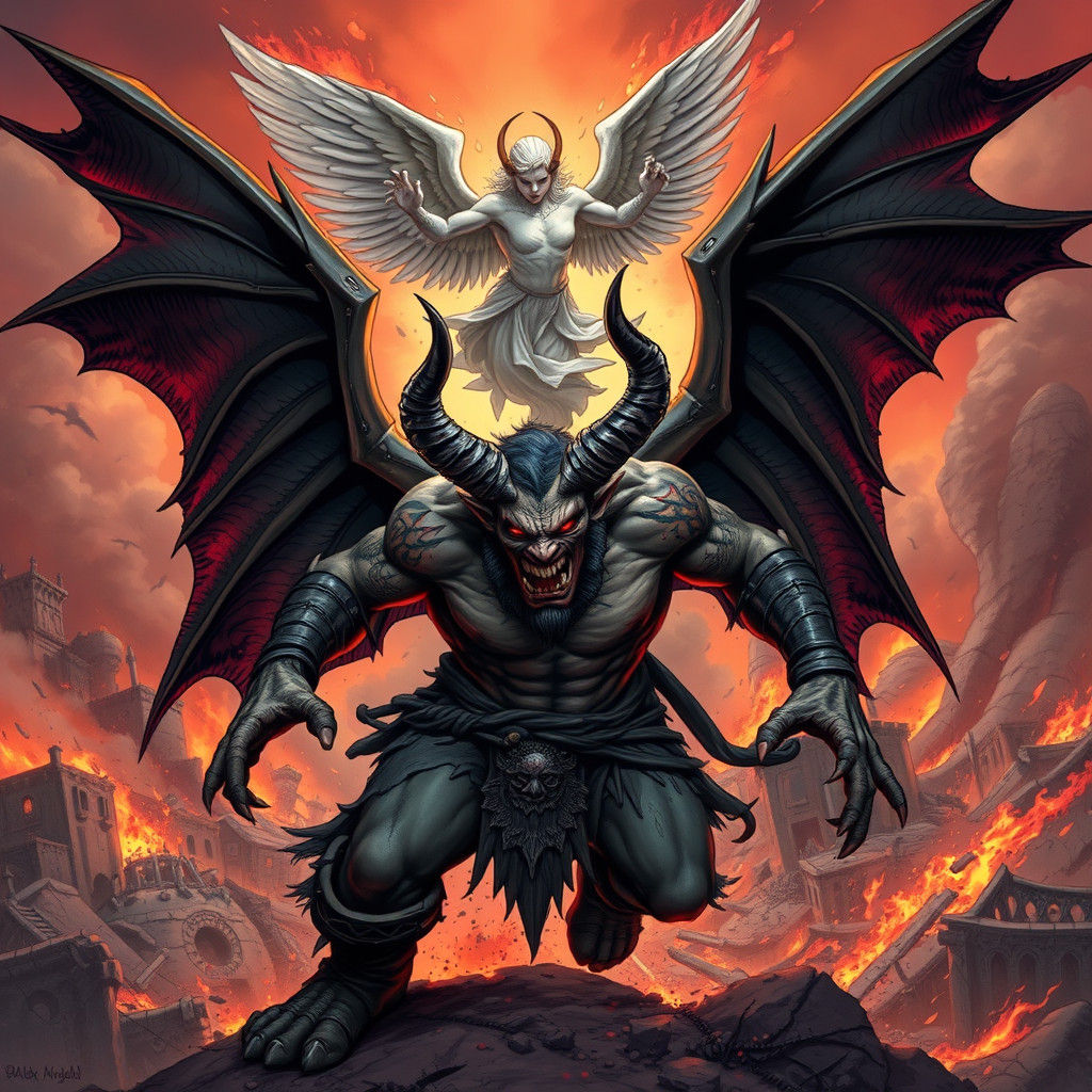 Demon Orc and Angel Clash in Apocalyptic Sky