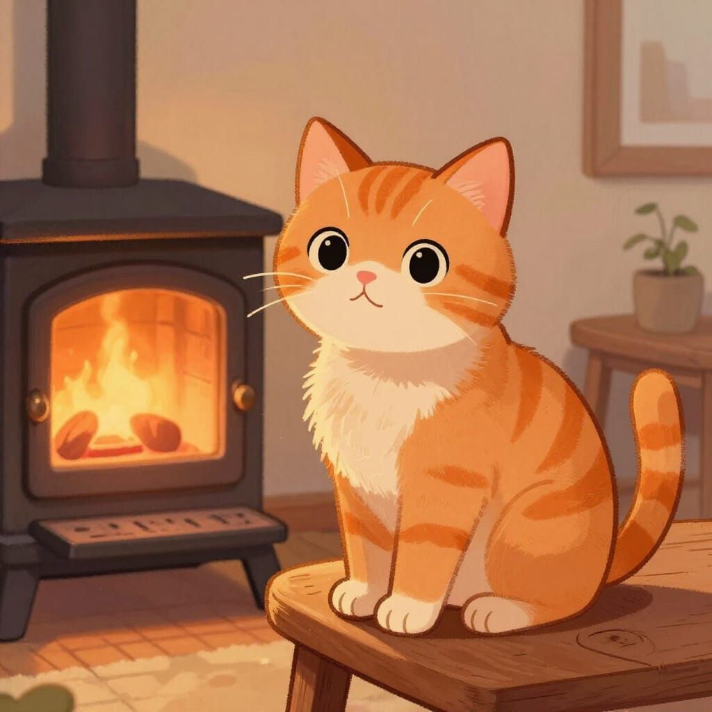 Cute Orange Cat by Cozy Stove, Children's Book Style
