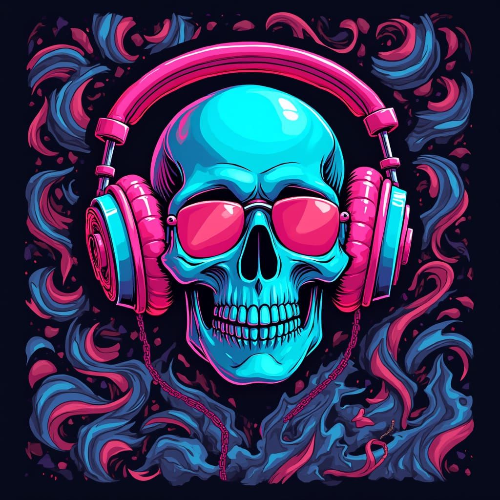 Neon Skull Wears Oversized Headphones in Retro Futuristic St...