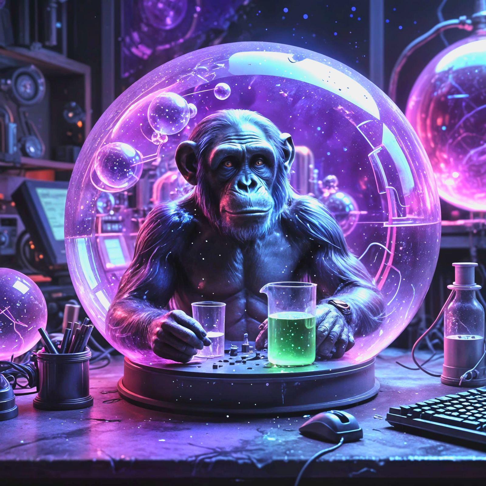 Cosmic Lab: Scientist Chimpanzee in Bubble