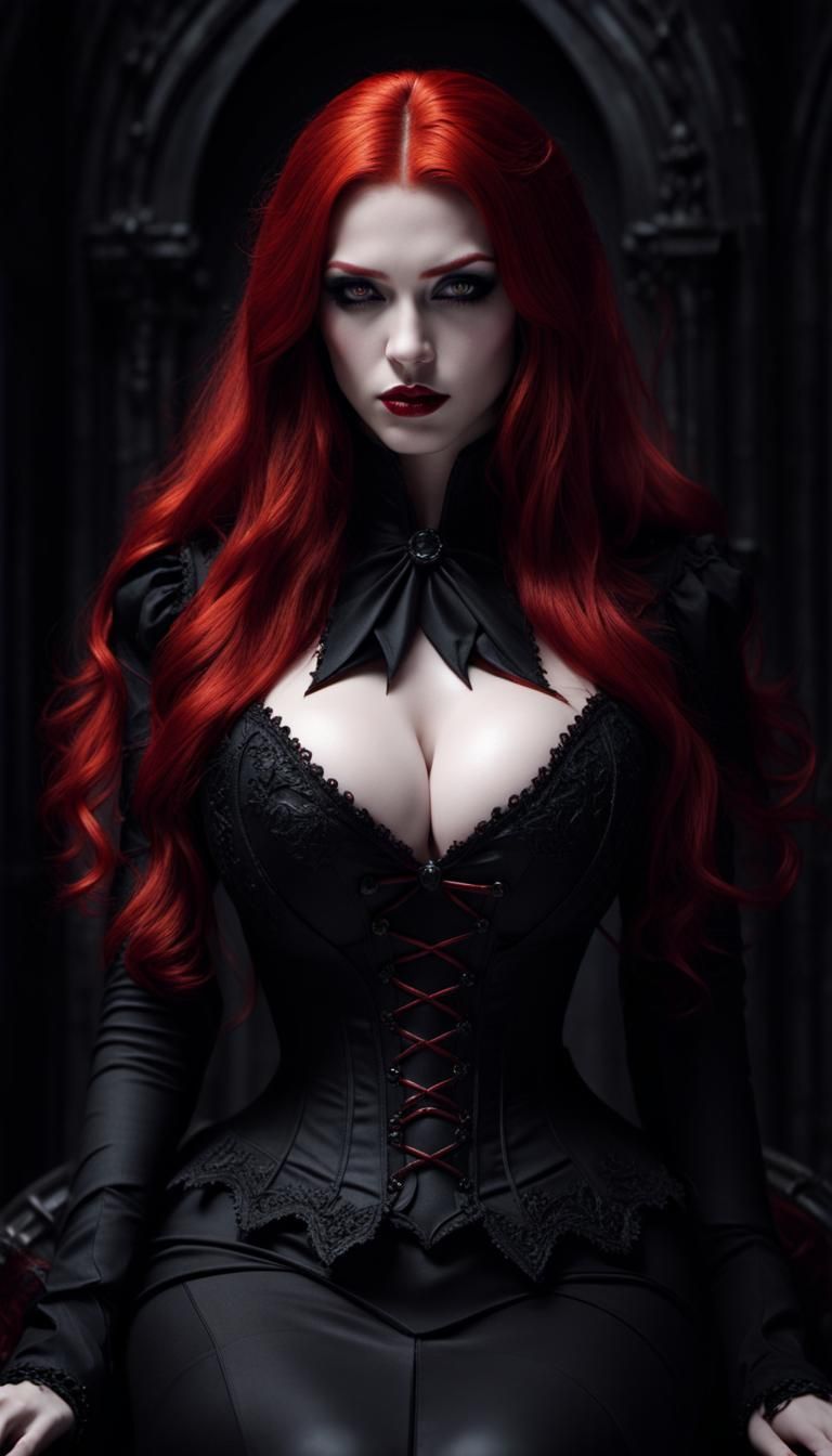 Redhead Vampire in Gothic Room: Photorealistic Dark Fantasy