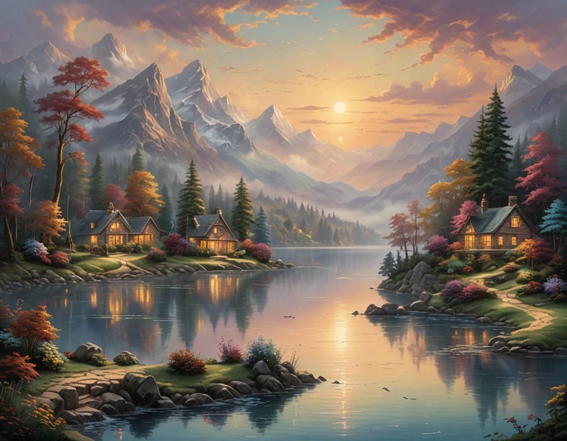 Ethereal Lake Sunset in Thomas Kinkade Style