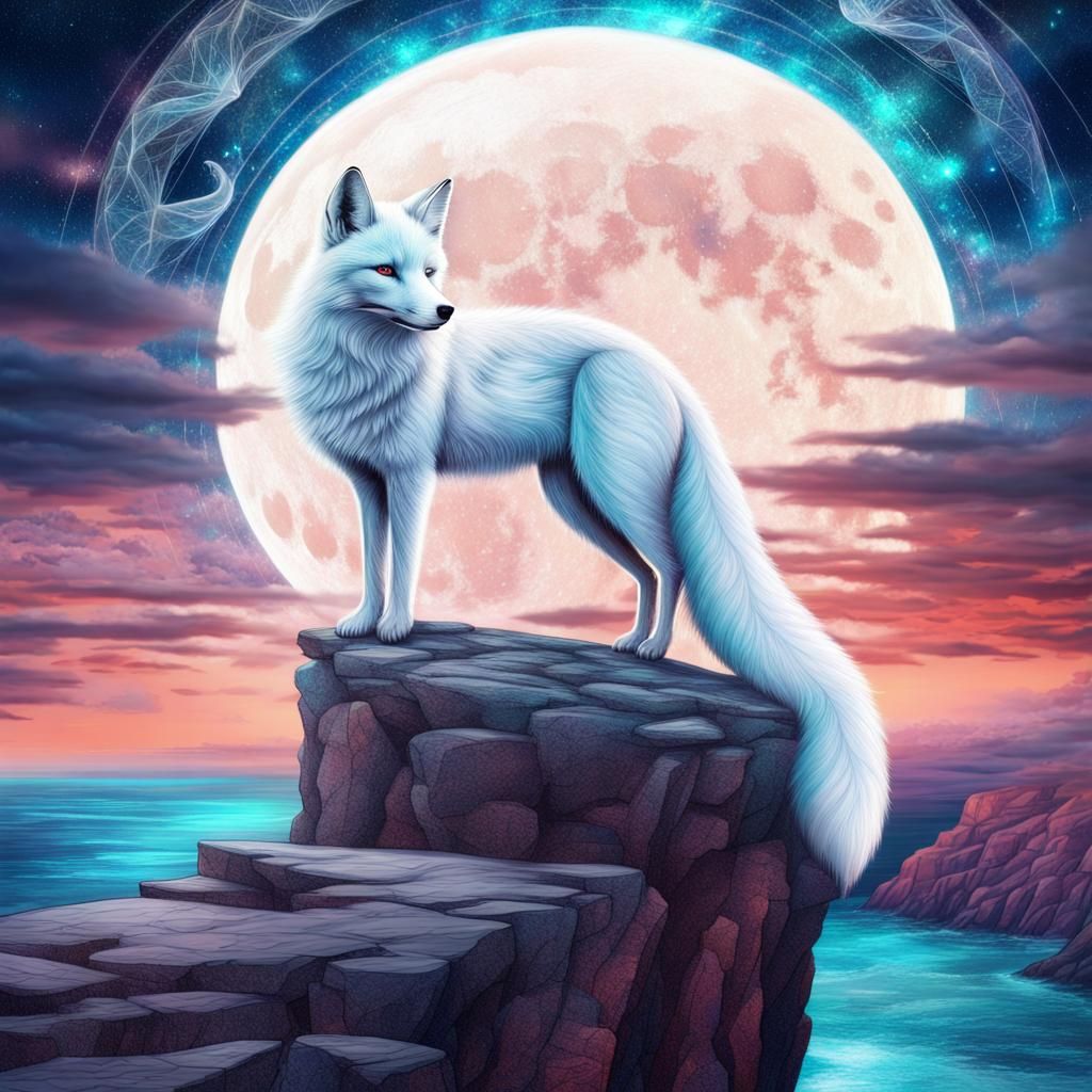 Majestic White Fox Under Moonlight, Astral Illustration