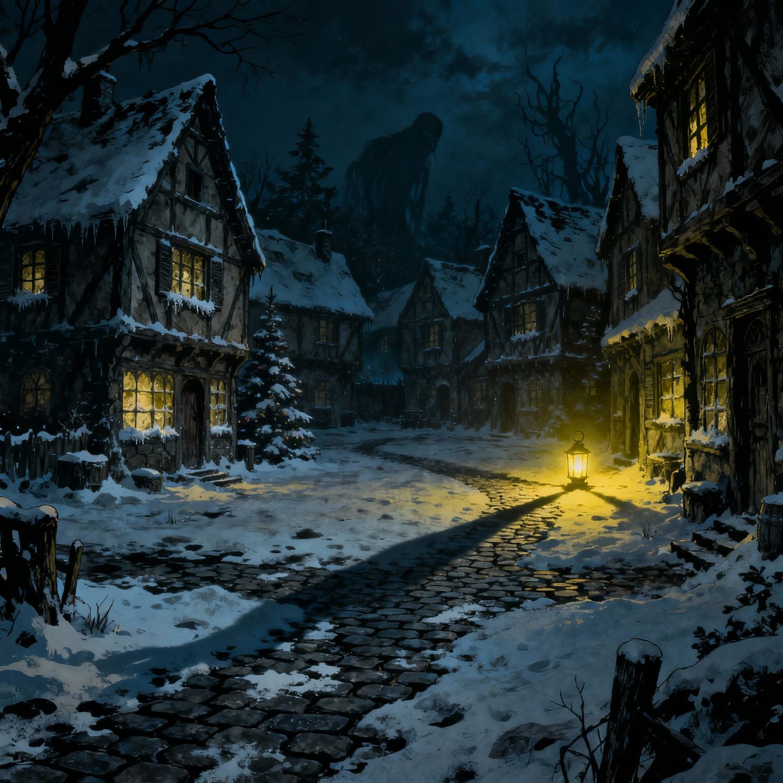 Gothic Christmas Village Square in Bleak Light