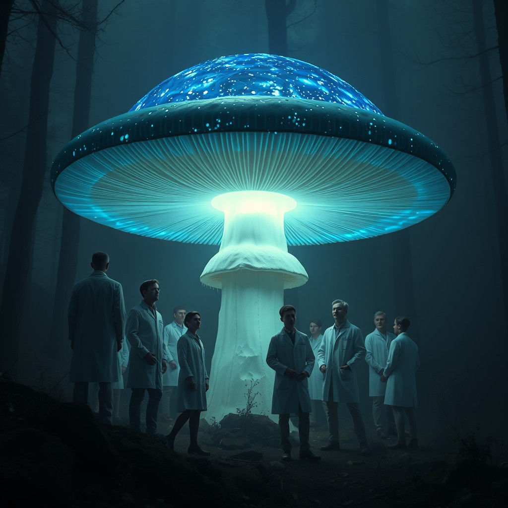 Ethereal Glowing Mushroom Surrounded by Scientists