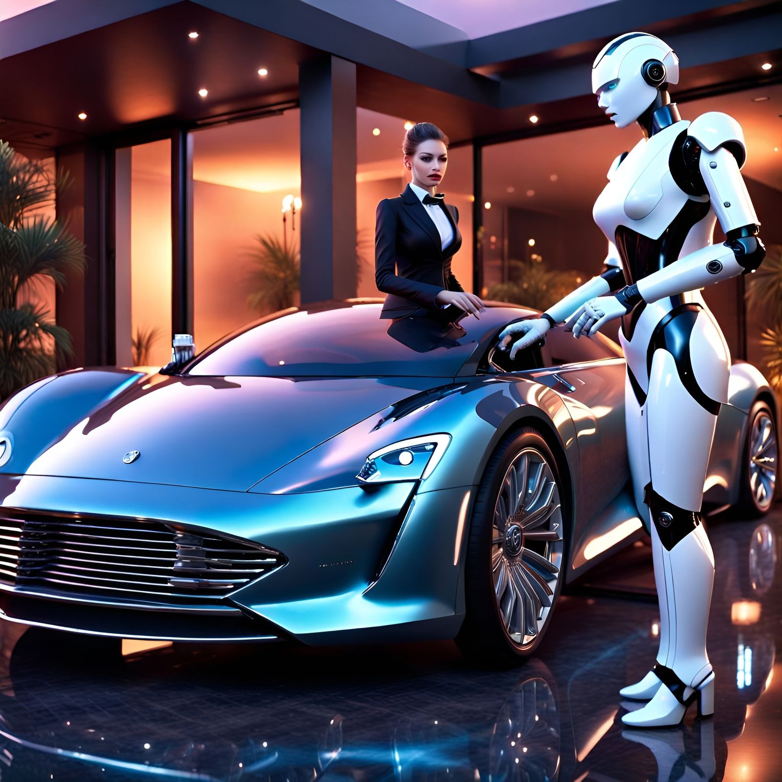Android Butler Helping Lady into Exotic Car