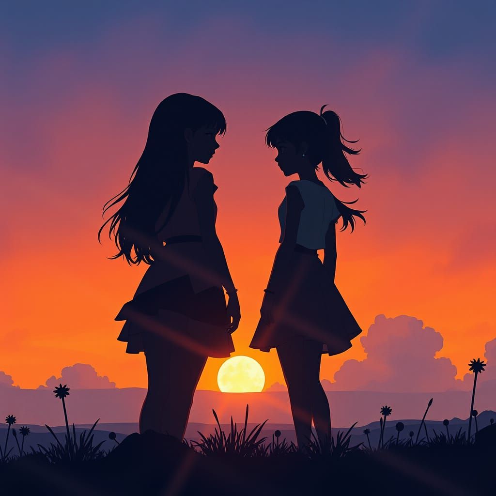 Two Girls Silhouetted Against a Vibrant Sunset in Watercolor...