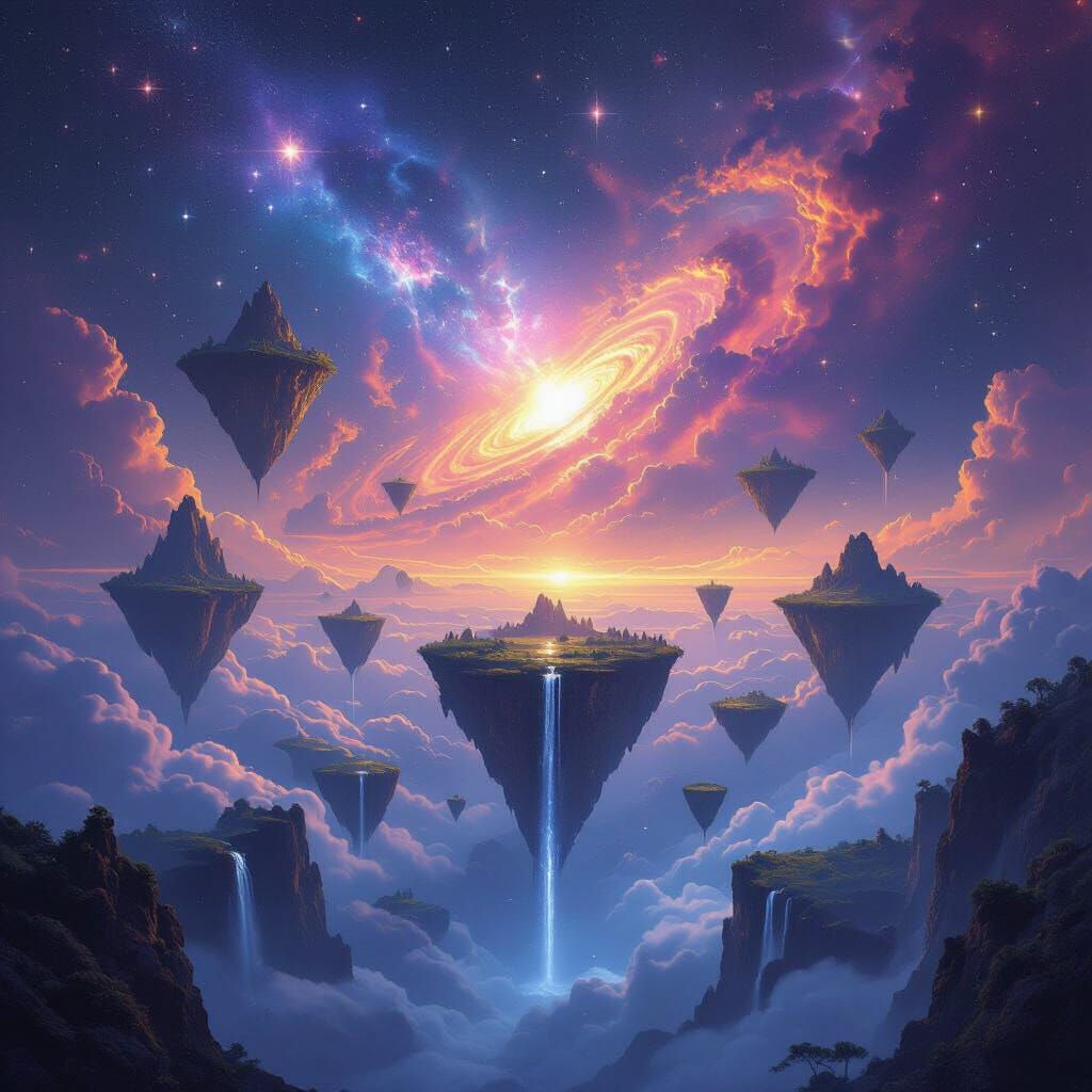 Ethereal Floating Islands Under Exploding Nebula Sky