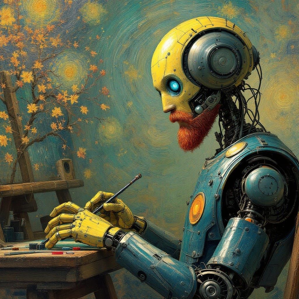 Vincent Van Gogh as a robot artist, in the style of Van Gogh