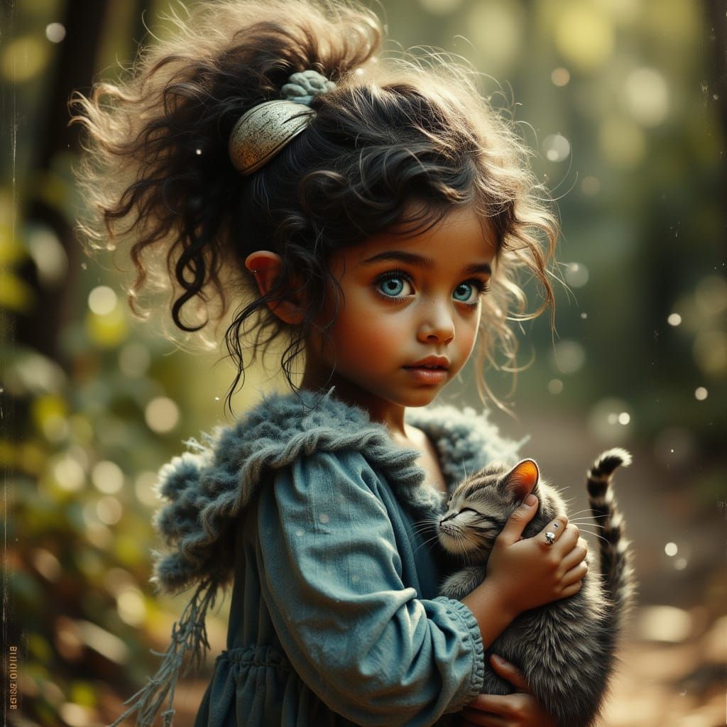 Half-Elf Toddler with Cat in Garden, Digital Art