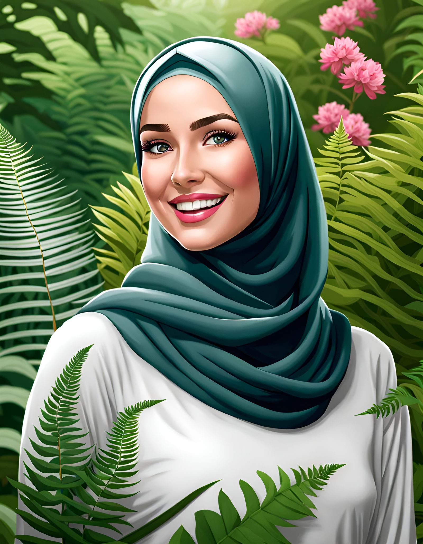 Beautiful Woman in Hijab Smiles in Botanic Garden