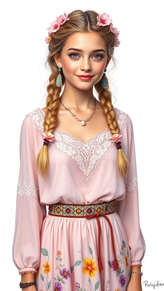 Full body, enchanting hyper realistic detailed oil painting inked with delicate precision of a young 18 year old girl wi...