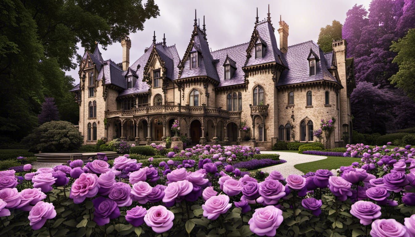 Gothic Stone Castle Mansion with Roses