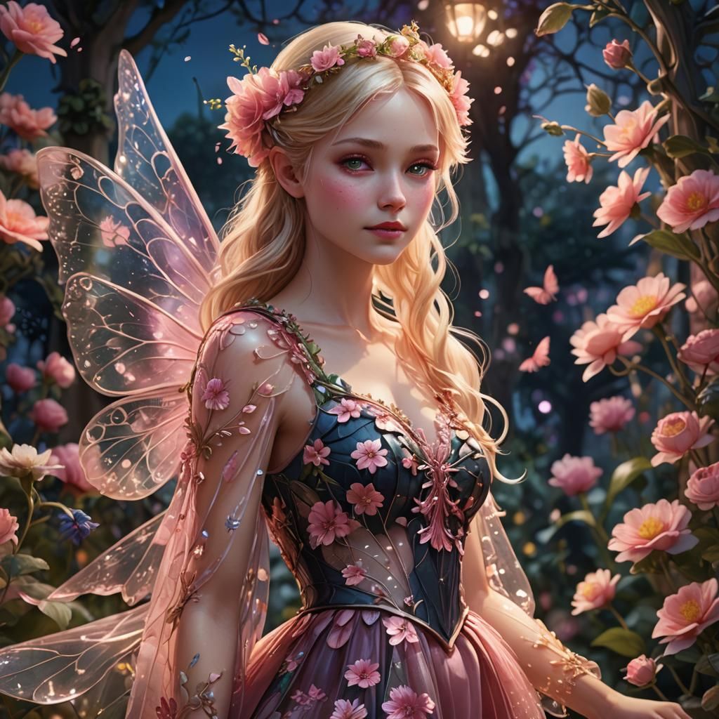 Lovely Blond Fairy in Night Floral Garden