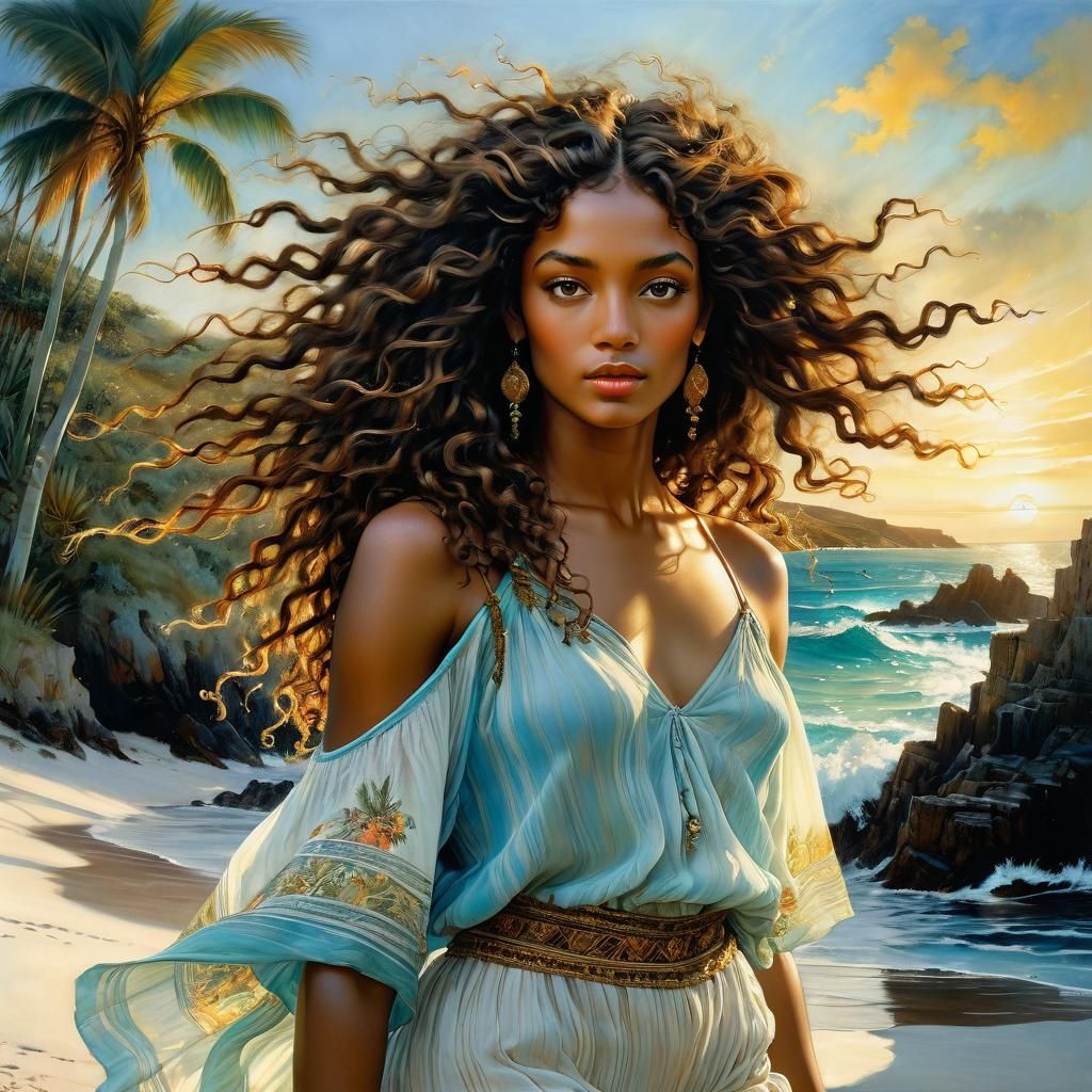 Caribbean Dreamscape: Botticelli-esque Beauty at Sunset