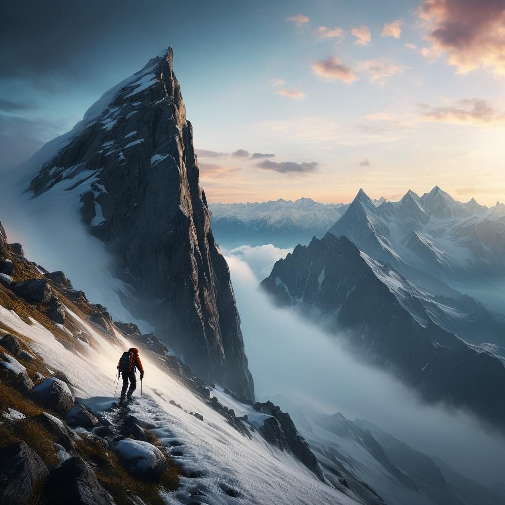Climber Ascends Misty Mountain: 3D Video Game Art