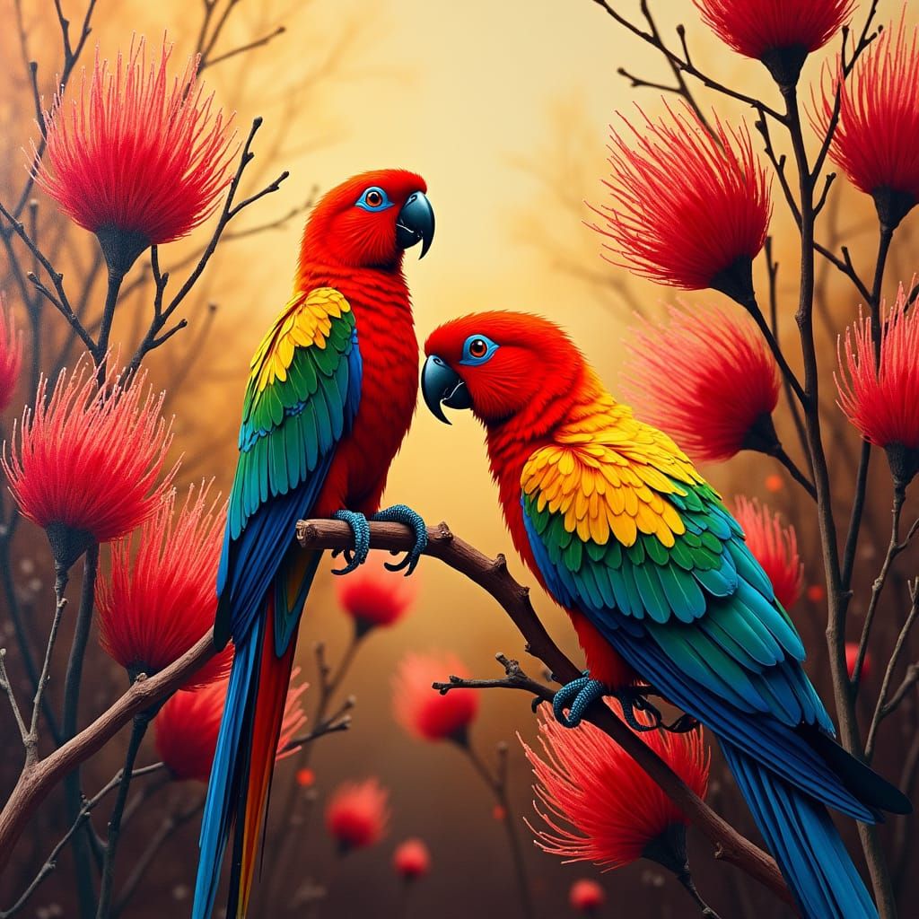 Rosella Parrots and Bottlebrush Flowers in Graffiti Style