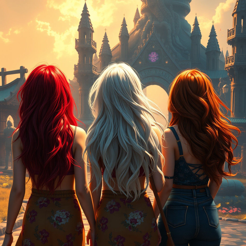 Mystical Realm: Three Friends with Vibrant Hair