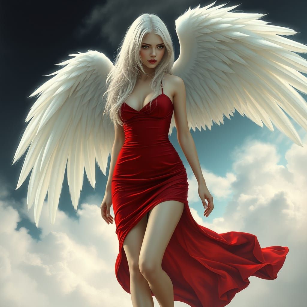 Mystical Angel in Scarlet Skirt Walking Among Clouds