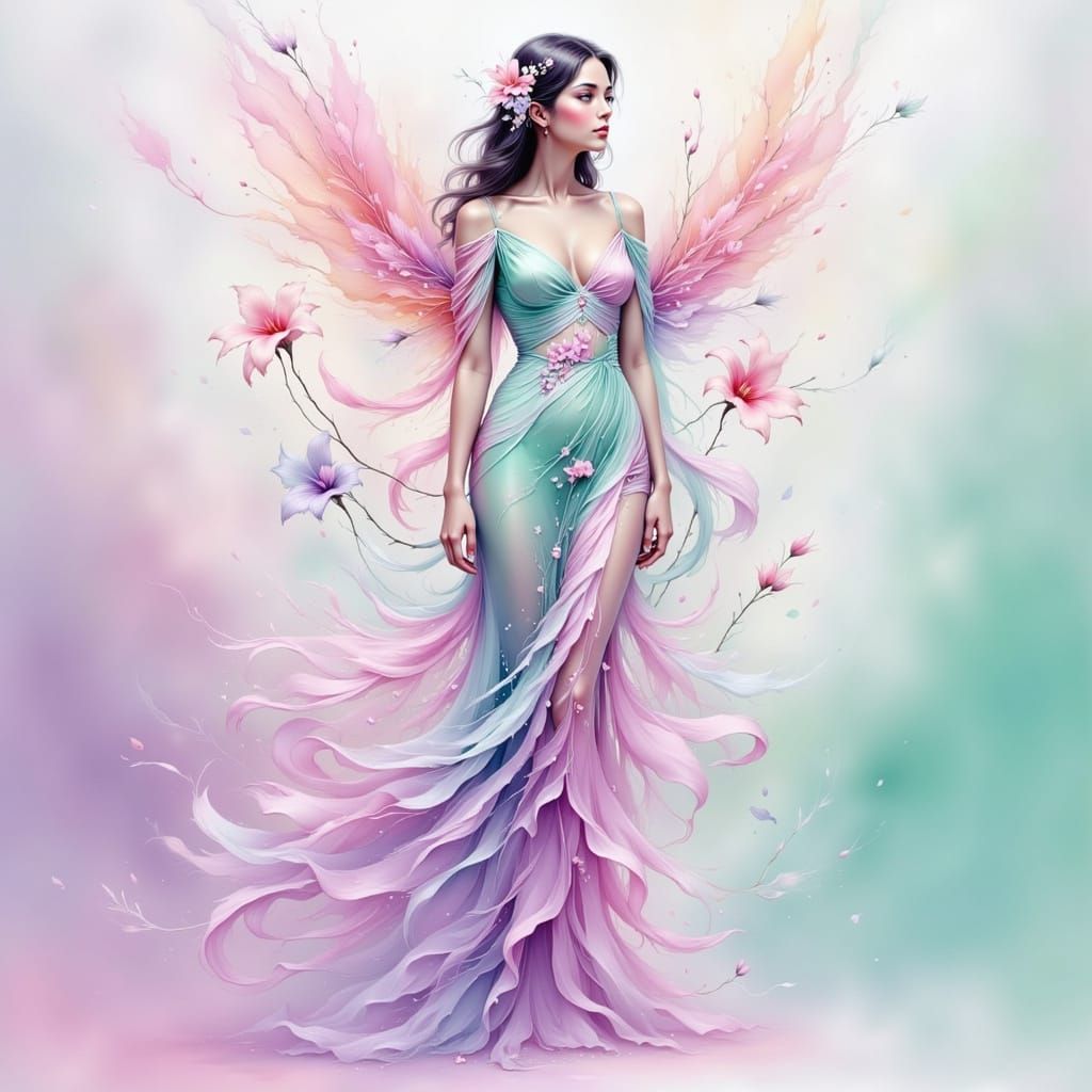 Ethereal Pastel Goddess in a Vibrant Fractal Explosion