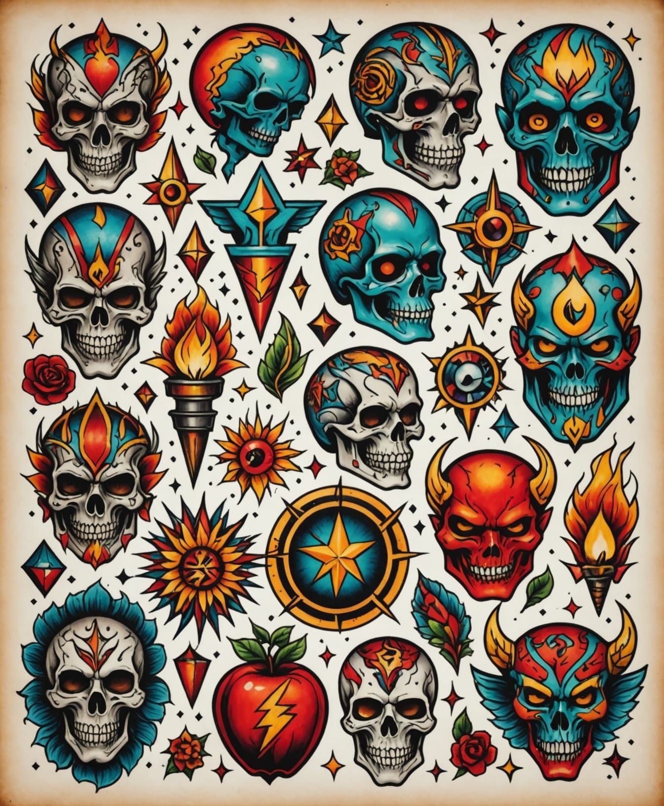 Bright Bold New School Tattoo Flash Sheet