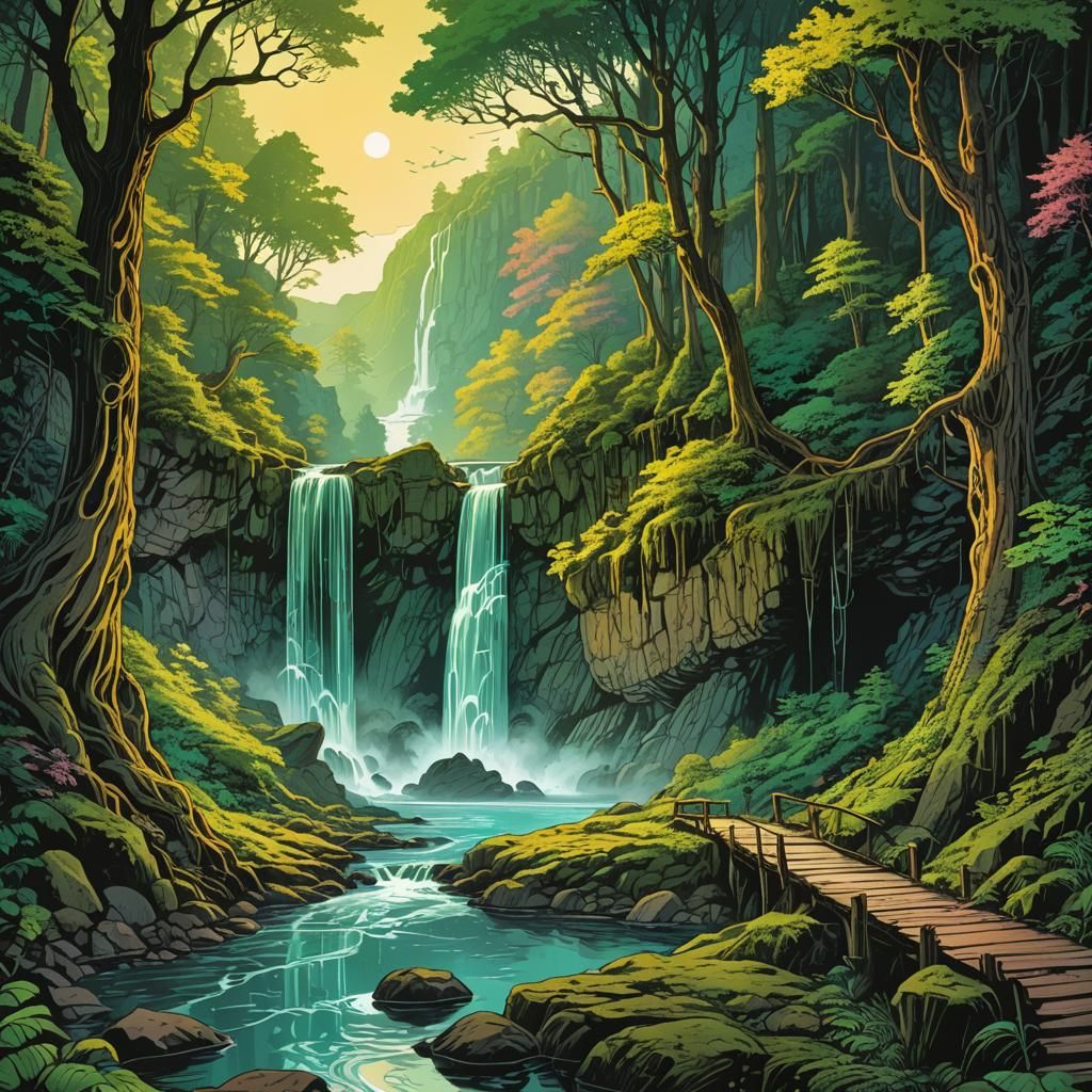 Fluorescent Waterfall Illuminates Forest Path: Digital Illus...
