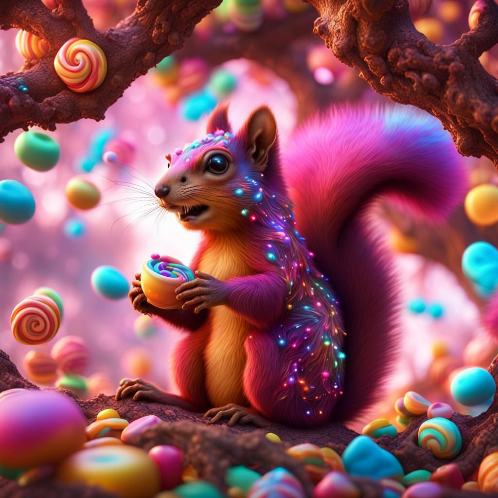 Psychedelic Squirrel Feast in Candy Tree: Detailed Art