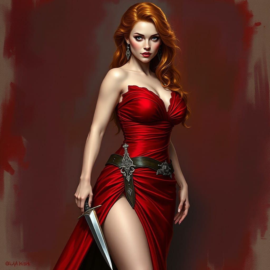 Regal Fantasy Woman in Scarlet Attire