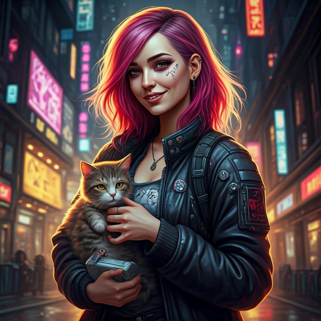 Cyberpunk Gang Girl with Cat in Neon Cityscape