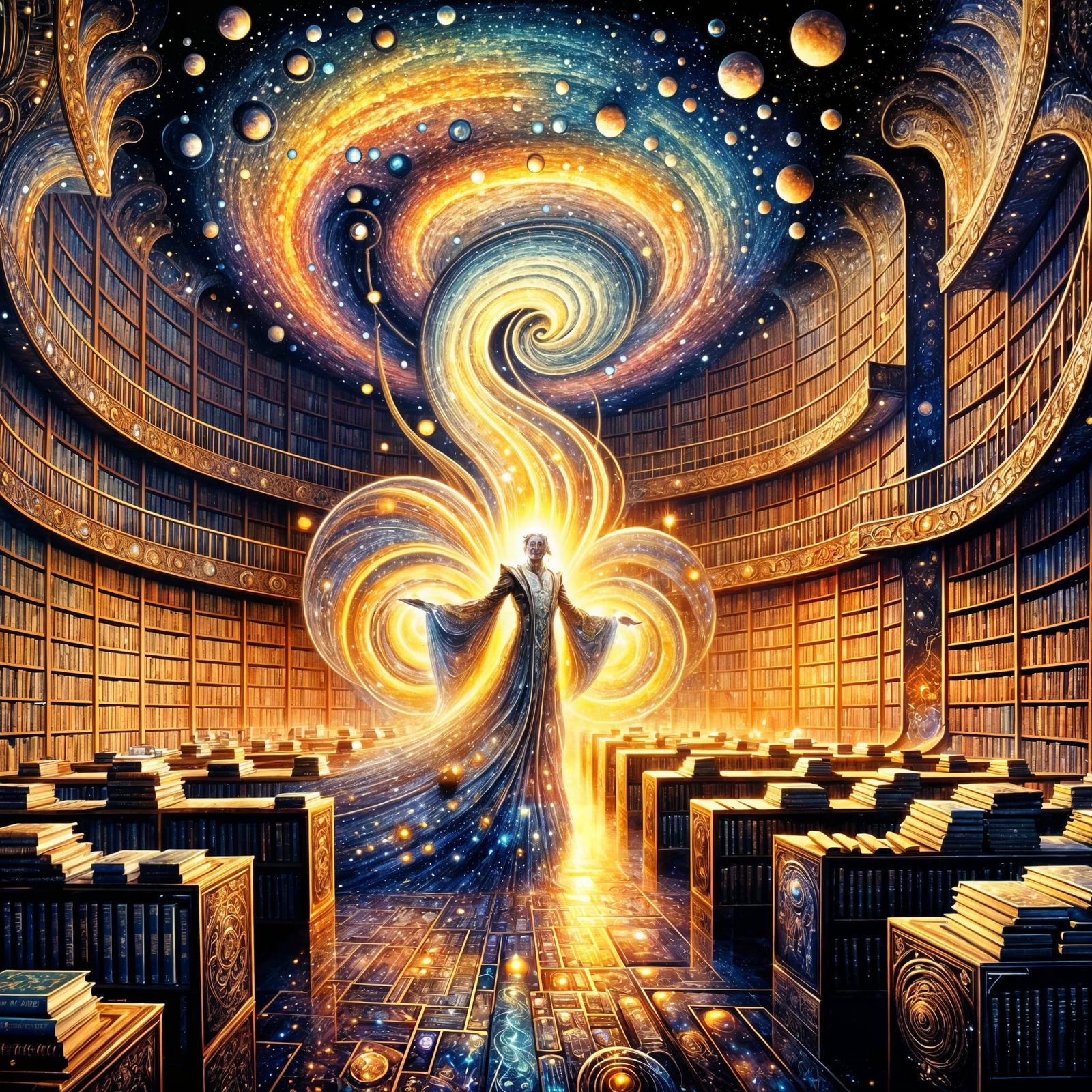 Celestial Librarian in Shimmering Symbolist Library