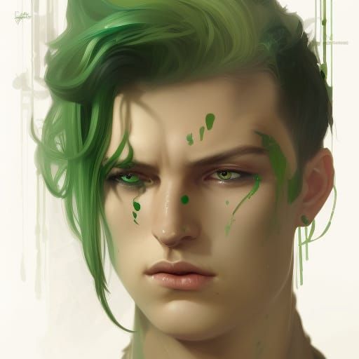 Attractive Green-Haired Prince Portrait in Hyperdetailed Sty...