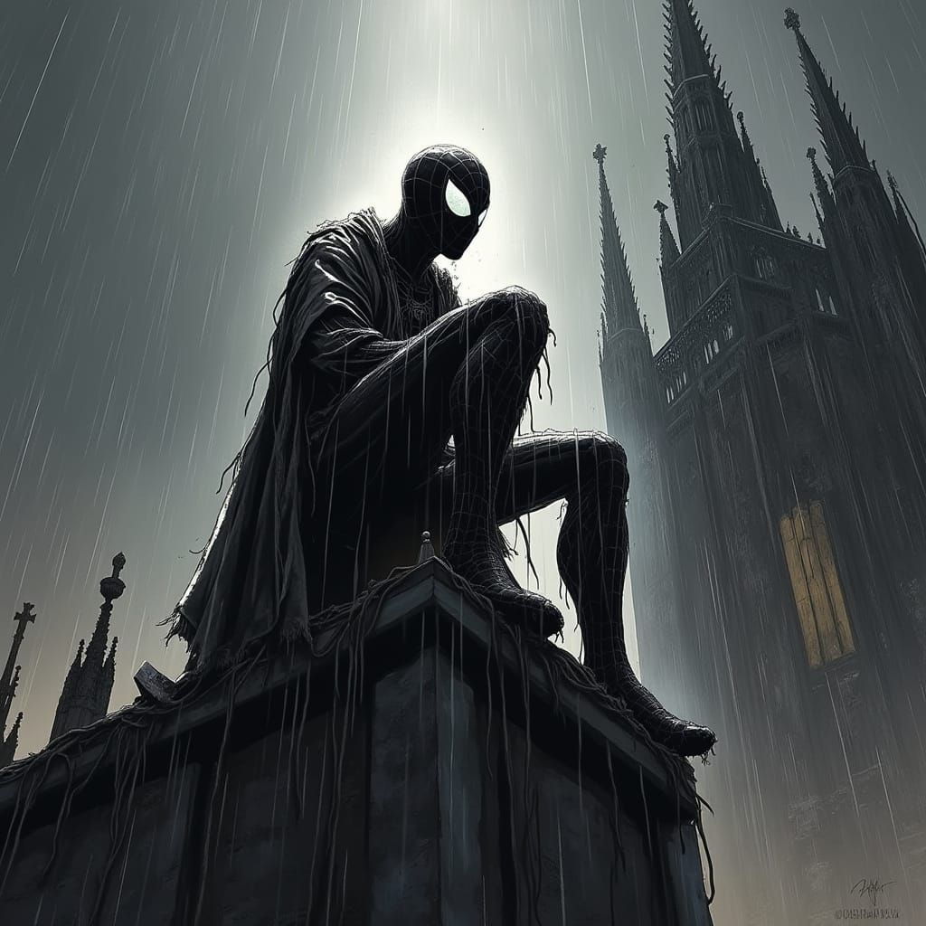 Spider-Man on Gothic Cathedral in Noir Style
