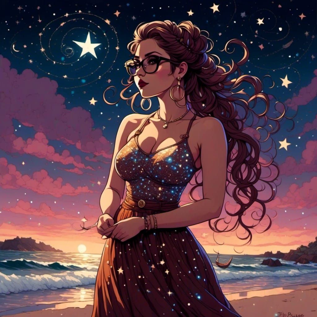 Peaceful Poetess on Beach with Cosmic Breeze