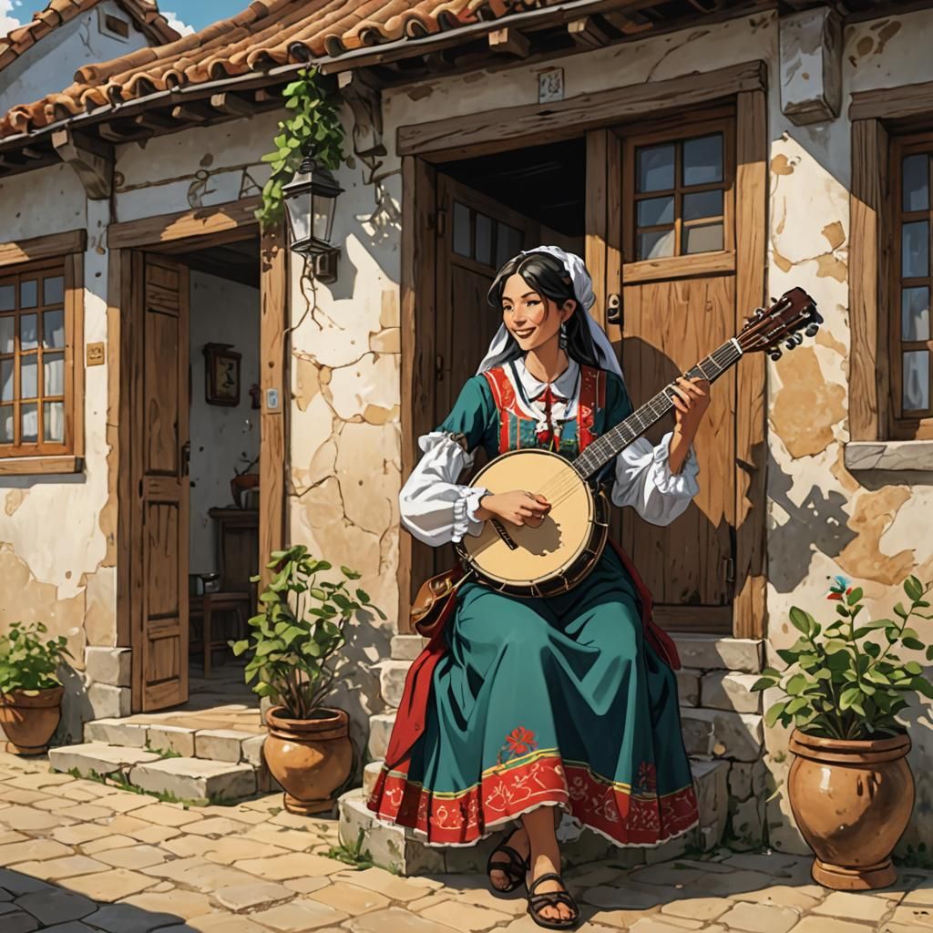 Portuguese Woman Plays Banjo in Anime Style
