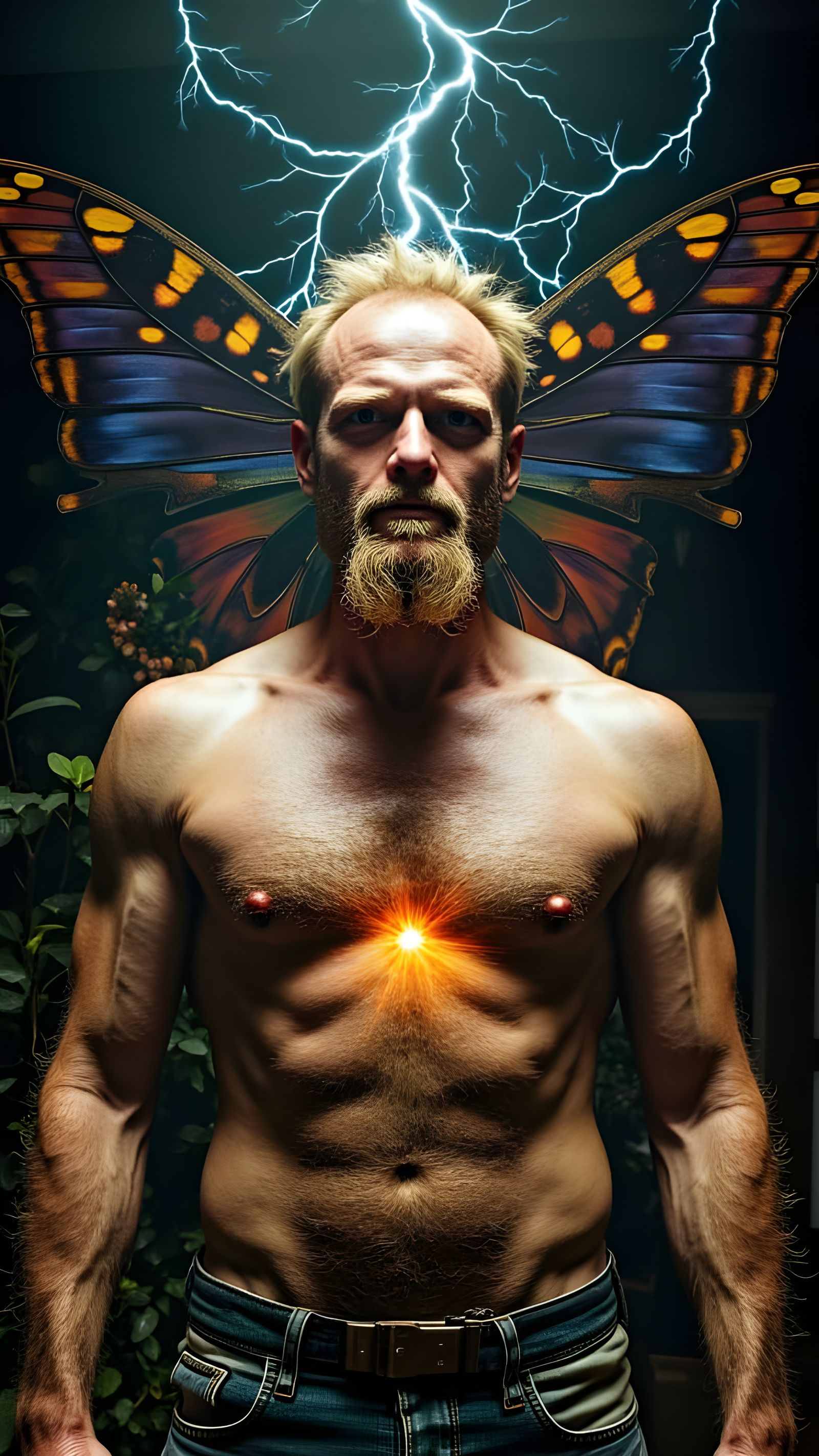 Surreal Moth Man in Lightning Eclipse Landscape