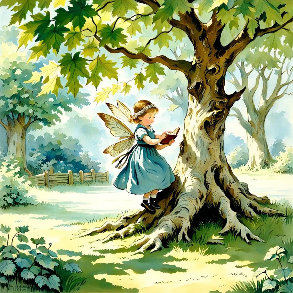 Girl and Fairies in Vintage Gouache Illustration