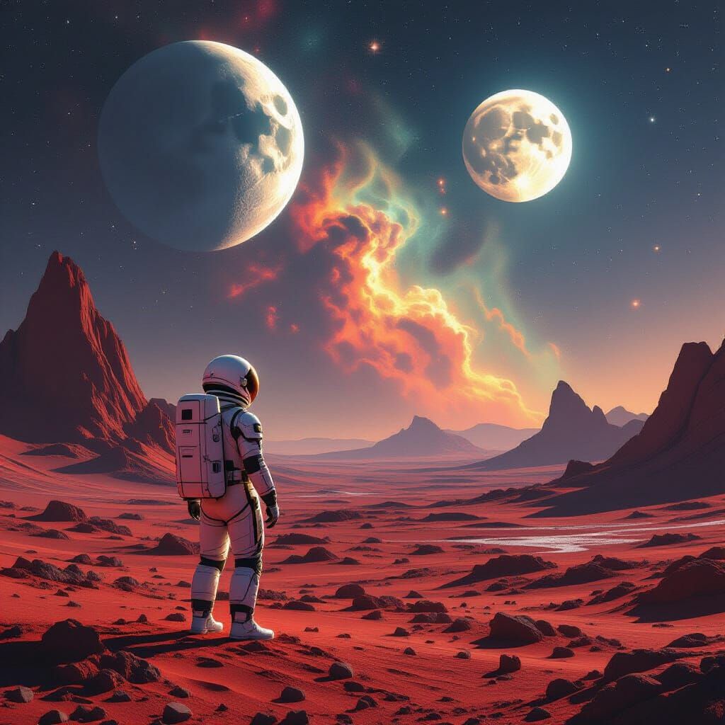 Astronaut on Alien World Gazing at Cosmic Sky