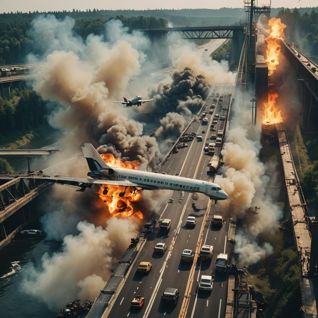 Dramatic Plane Crash Near Bridge: Cinematic Still