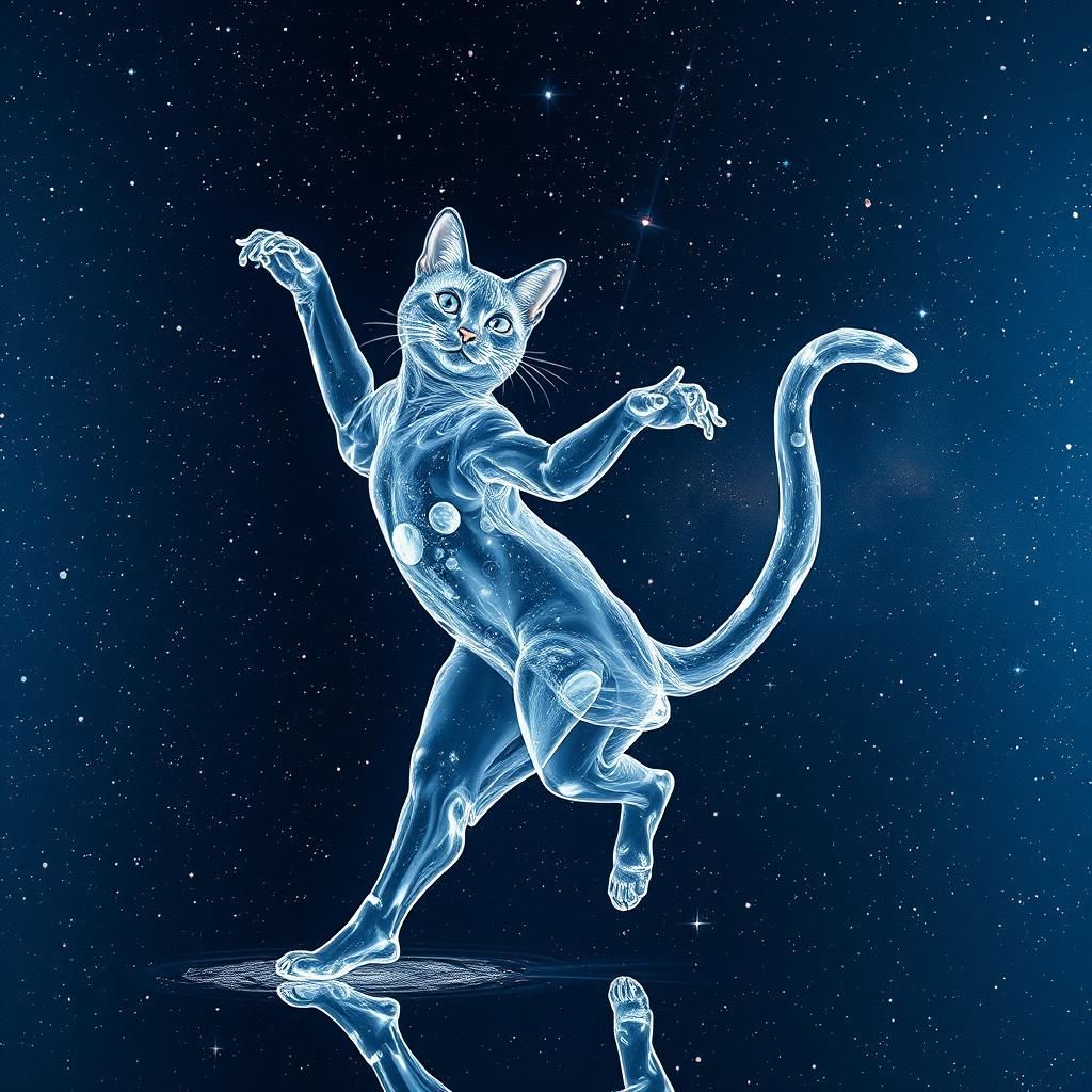 Surreal Water Cat Dances in Cosmic Double Exposure
