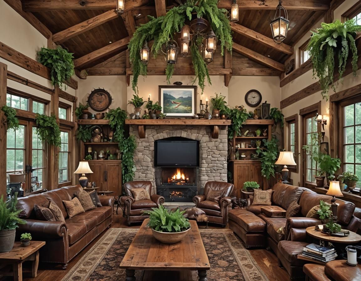 Rustic Living Room Interior with Fireplace and Plants