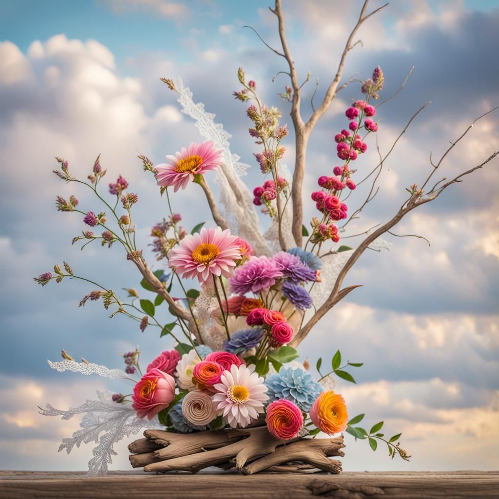 Colorful Floral Still Life with Lace and Driftwood